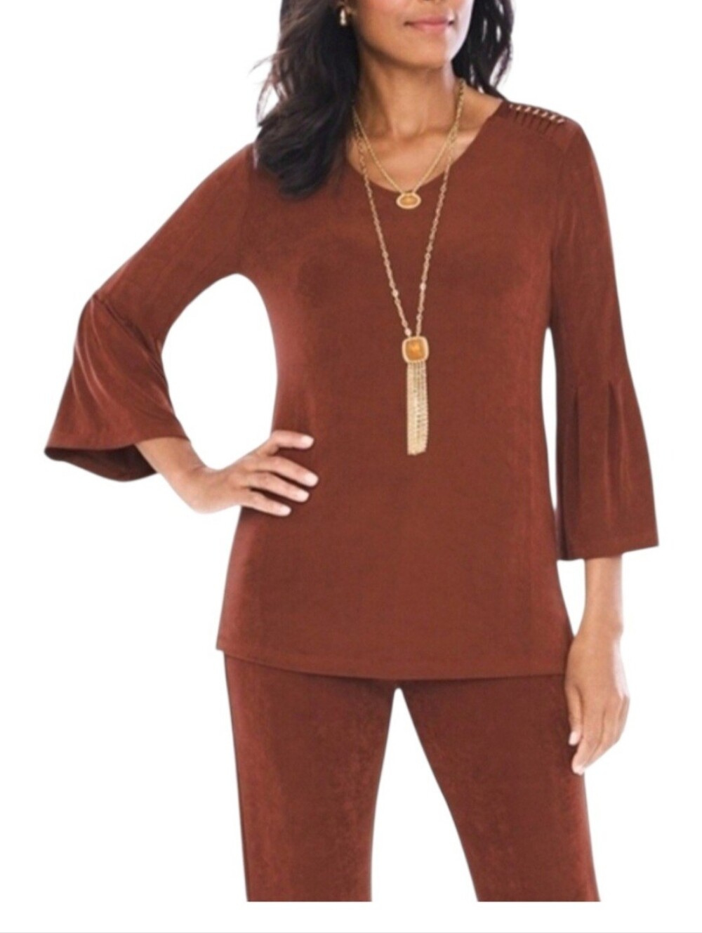 Chicos Travelers Sz 1 MED 8-10 Brown Boho Bell Sleeve Gold Chain Link V Neck Top
